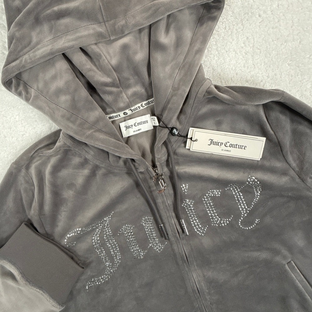 Juicy Couture Steal A Look Grey Velour Rhinestone Zip Up Bling Hoodie XL